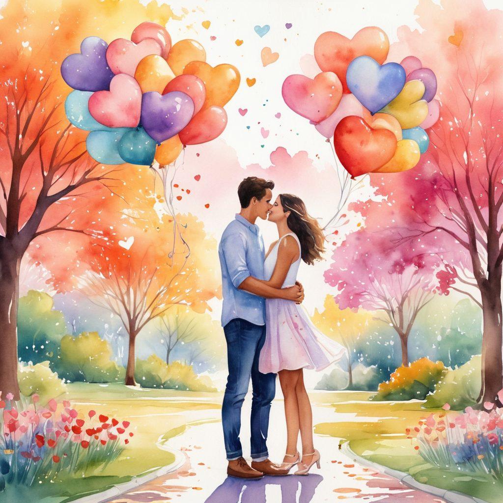 A warm, inviting scene depicting two individuals of the same sex sharing a tender moment, surrounded by colorful heart-shaped balloons and uplifting quotes on acceptance. The background should feature a serene park setting with blooming flowers and diverse couples in joyful embraces. Soft, pastel colors will enhance the uplifting vibe of love and acceptance. watercolors. vibrant colors. heartfelt.