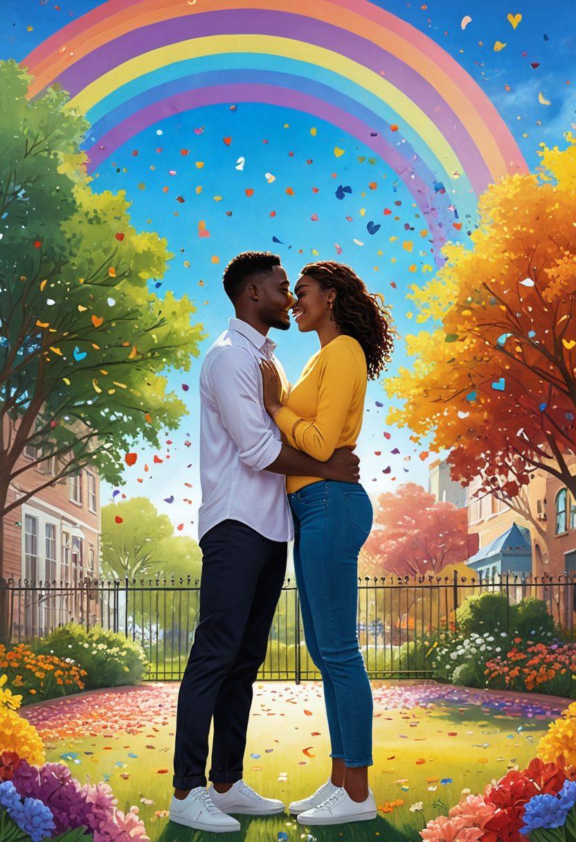 A warm, vibrant illustration of a diverse couple sharing a tender moment under a rainbow-hued sky, surrounded by symbols of love and acceptance such as hearts and flowers. Incorporate joyful elements like confetti and laughter to evoke a sense of celebration. The background should feature a peaceful park scene with people of various identities and orientations enjoying each other's company. super-realistic. vibrant colors. 3D.