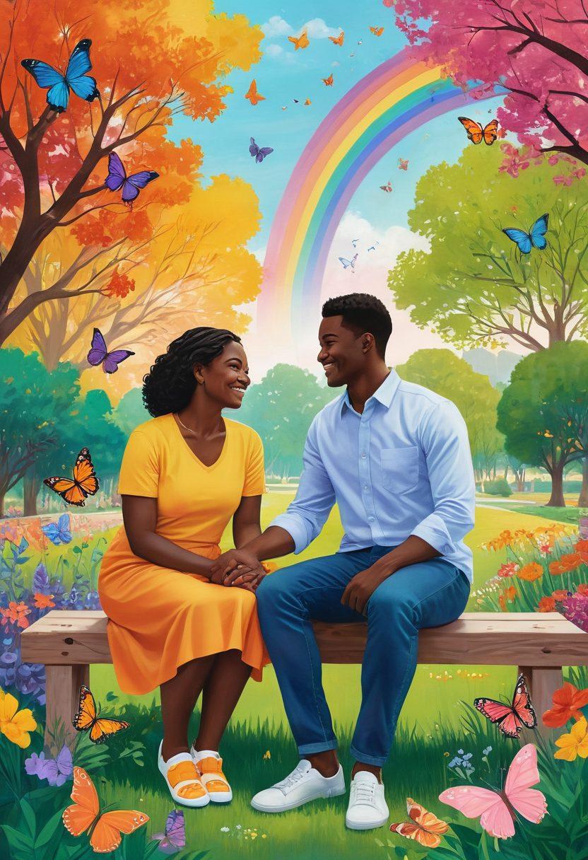 A warm scene depicting two individuals with diverse backgrounds sharing a quiet moment in a vibrant park, surrounded by blooming flowers and soft sunlight. They hold hands, exchanging heartfelt glances, symbolizing the transition from friendship to romance. Bright colors convey a sense of joy and inclusivity. Whimsical elements like butterflies and a rainbow in the background enhance the theme of queer love. vibrant colors. soft focus. illustration.